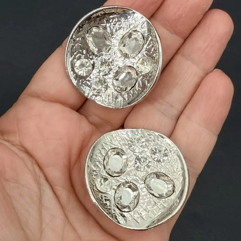 Vintage Round Crystal Gem Silver Tone Clip On Earrings 1.25